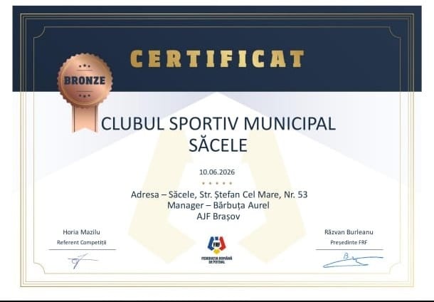 CSM Săcele a obținut Certificarea BRONZE din partea FRF