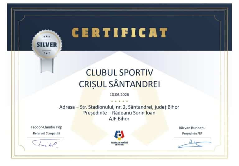 ASCS Crișul Sântandrei a obținut Certificarea SILVER din partea FRF